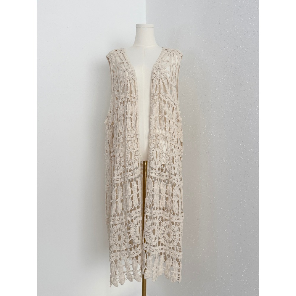 Cato Cream Crochet Long Open Vest Boho Western Cowgirl Festival Duster 26W/28W